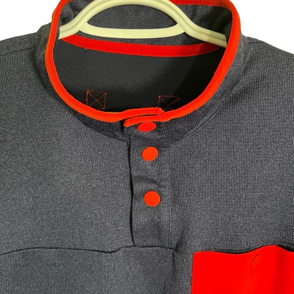 Duluth Trading Co Mens Navy Blue Red Snap Neck Pullover Sweater Large Pocket